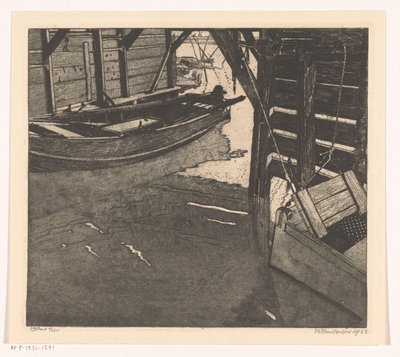 Interieur van een schuitenhuis met een viskaar en een schuit met ingebouwde viskaar door Willem Jansen (graveur) (signed by artist)