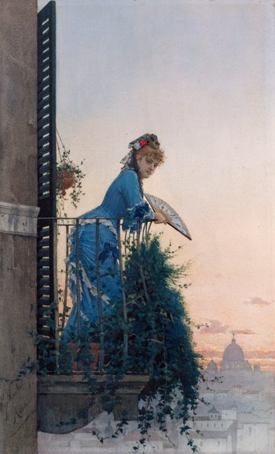 Een elegante schoonheid op een balkon met uitzicht over Rome, met de koepel van Sint-Pieter in de verte door Willem Johannes Martens