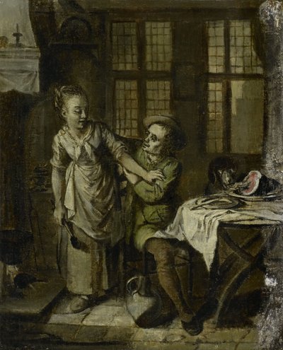 Galante scène in een keukeninterieur door Willem Joseph Laquy