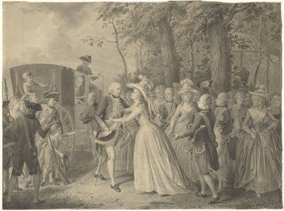Ontmoeting van prinses Wilhelmina met haar broer koning Frederik III van Pruisen te Kleef, 1788 door Willem Joseph Laquy