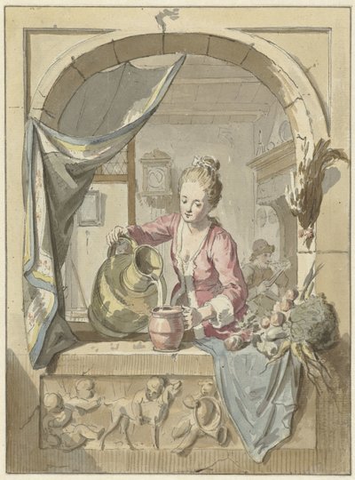 Vrouw schenkt melk uit een kan, in een venster door Willem Joseph Laquy