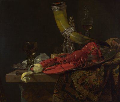 Stilleven met de Drinkhoorn van het Sint Sebastiaan Schuttersgilde, Kreeft en Glazen, ca. 1653 door Willem Kalf