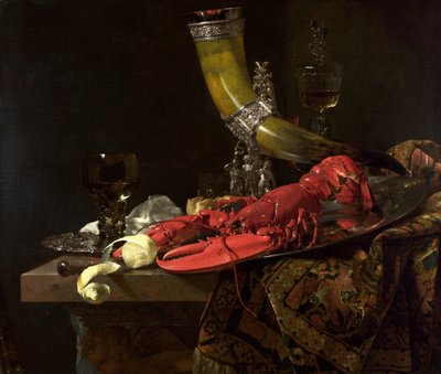 Stilleven met de drinkhoorn van het St. Sebastiaansgilde, kreeft en glazen door Willem Kalf