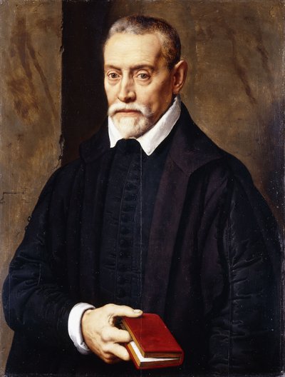 Portret van een Academicus, halflang, in zwart kostuum, met een boek door Willem Key