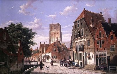 Straatscène in Amsterdam door Willem Koekkoek