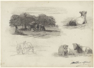 Vier schetsen van hooiwagens en koeien door Willem Maris