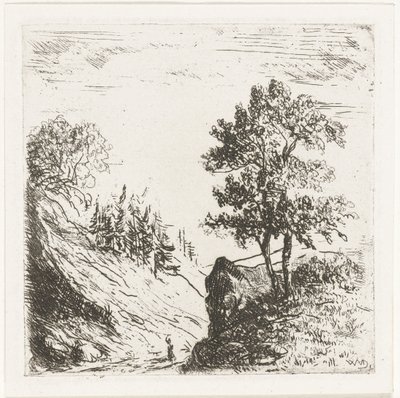 Heuvellandschap met twee bomen op rots door Willem Matthias Jan van Dielen
