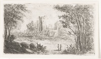 Landschap met ruïne van kasteel en twee figuren door Willem Matthias Jan van Dielen