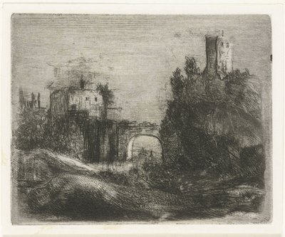 Zuidelijk landschap met poort en toren op rots door Willem Matthias Jan van Dielen