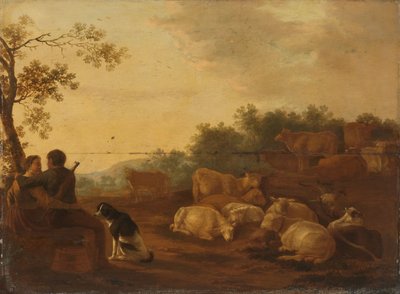 Landschap met herder, herderin en vee door Willem Ossenbeeck