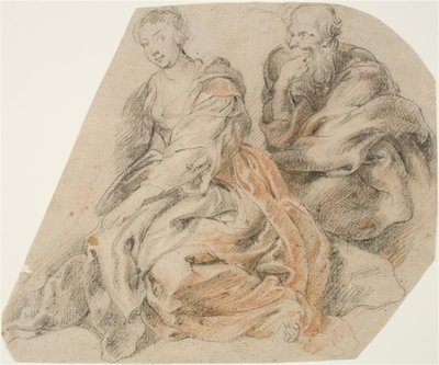 Een jonge vrouw en een oude man. (Maria en Jozef? Susanna en een van de twee ouderlingen?) door Willem Panneels