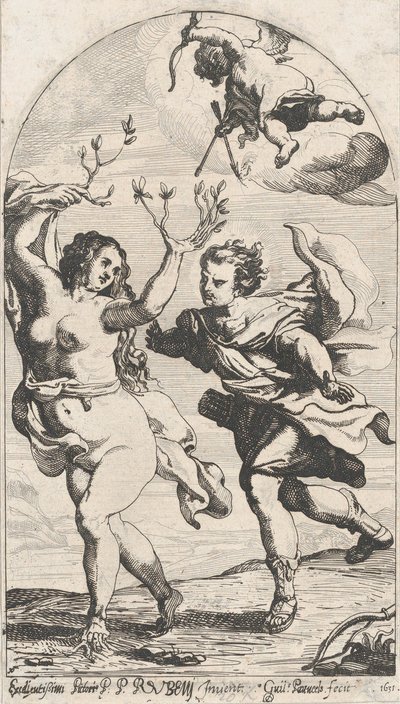 Daphne vluchtend voor Apollo, met Cupido boven door Willem Panneels