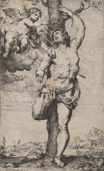 Het martelaarschap van Sint Sebastiaan, met engelen die hem kronen linksboven, ca. 1620-32 door Willem Panneels