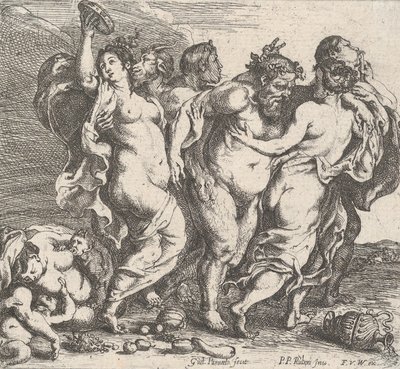 De dronken Silenus, vergezeld door nimfen en saters, 1632 door Willem Panneels