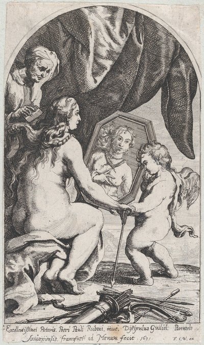 Venus voor een spiegel vastgehouden door Cupido terwijl haar haar wordt gekamd door een oude vrouw, 1631 door Willem Panneels