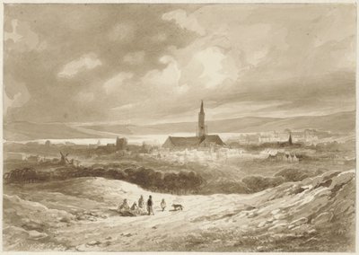 Gezicht vanuit de heuvels op een stad aan een meer door Willem Pieter Hoevenaar