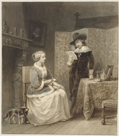 Historisch interieur met zittende vrouw en staande, lezende man door Willem Pieter Hoevenaar