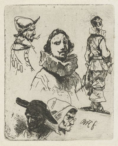 Studieblad met soldaten en een oude vrouw door Willem Pieter Hoevenaar
