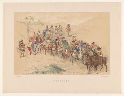 Vierde groep van Utrechtse maskerade in 1856 Kolonien Ons vaderland omstreeks het midden der 17e eeuw, voorgesteld door H.H. studenten, leden van Mutua Fides, ter viering van het 220jarig bestaan der Utrechtsche Hoogeschool, den 25. Jun door Willem Pieter Hoevenaar