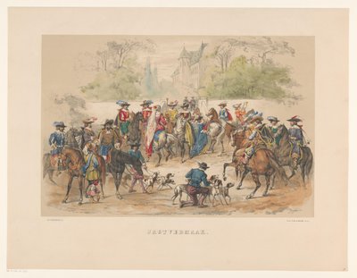 Zevende groep van Utrechtse maskerade in 1856 door Willem Pieter Hoevenaar
