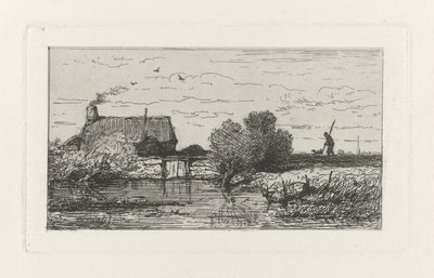 Gezicht op een boerderij aan het water door Willem Roelofs (I)
