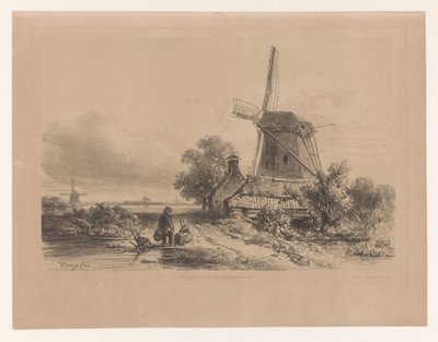 Molen in een landschap met twee figuren door Willem Roelofs (I)