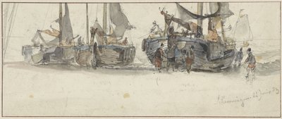 Vissersboten op het strand van Scheveningen door Willem Roelofs (I)