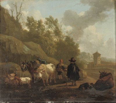 Een Koeherder en Vee in een Italiaans Landschap door Willem Romeyn