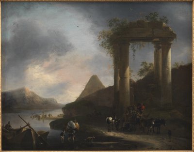Italiaans landschap met klassieke ruïnes door Willem Schellinks