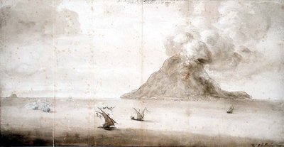 PD.703-1963 Uitzicht op Stromboli, c.1661-5 (krijt, pen en inkt, was) door Willem Schellinks