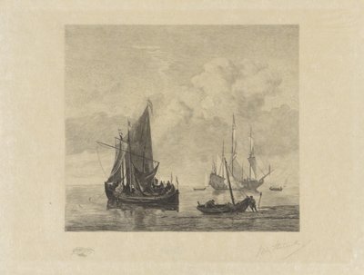 Zeilschepen op kalme zee door Willem Steelink (II) (signed by artist)
