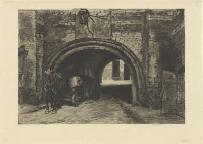 Voertuig met paard onder een oude poort door Willem Steelink (II)