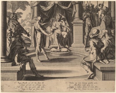 Alexander de Grote Zetelt in Gerechtigheid door Willem Swanenburgh, after Joachim Anthonisz Wtewael