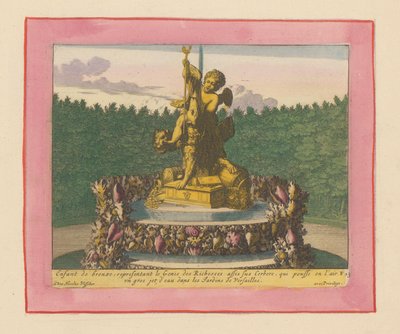 Brunnen mit einem Putto als Personifikation des Reichtums, sitzend auf Cerberus door Willem Swidde