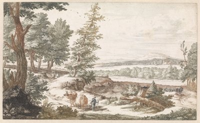 Landschap met ezels op een weg door Willem Swidde