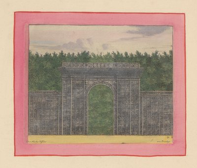 Rechteckiger Pavillon aus Lattenwerk mit Tor für eine Hecke in den Gärten von Versailles door Willem Swidde