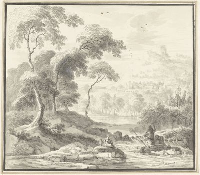 Idyllisch heuvellandschap met vrouwen aan een stroom door Willem Troost (I)