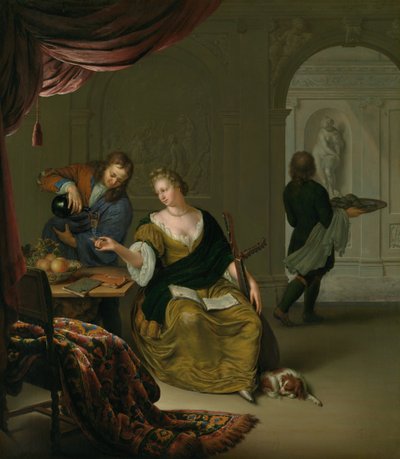 De Verwaarloosde Luit Een Dame met een Luit die Wijn Drinkt in een Rijk Interieur, 1705 door Willem Van Mieris