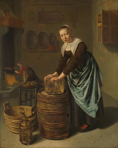 Vrouw die een vat schrobt door Willem Van Odekercken