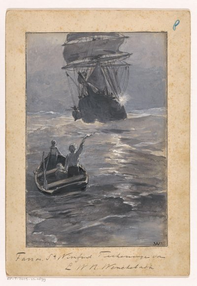 Jongens seinen naar een Schip vanaf een Zinkende Roeiboot door Ludwig Willem Reymert Wenckebach