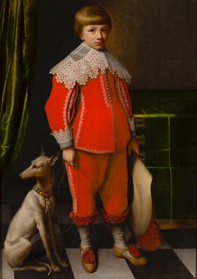 Portret van een achtjarige jongen met een Whippet op een dambordvloer door Willem Willemsz. van der Vliet