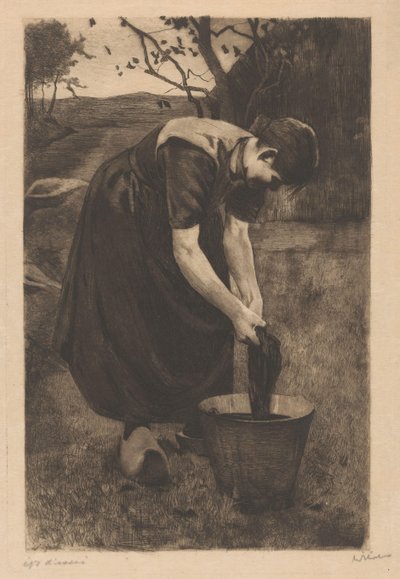 Boerin wast textiel in een emmer door Willem Witsen (signed by artist)