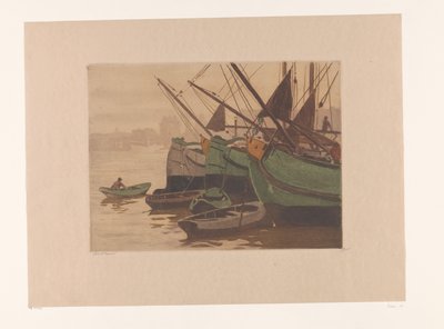 Drie turfschepen met roeiboten in het IJ door Willem Witsen (signed by artist)
