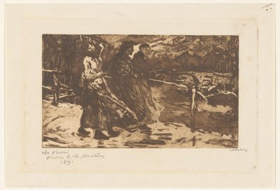 Drie vrouwen op een brug in regen en wind door Willem Witsen (signed by artist)
