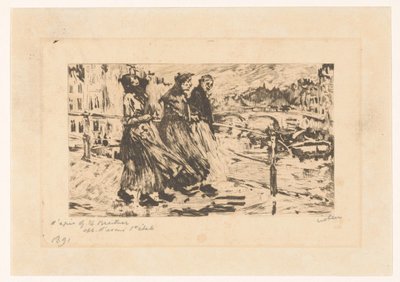 Drie vrouwen op een brug in wind en regen door Willem Witsen (signed by artist)