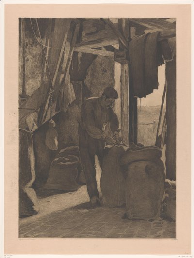 Molenaar in de korenmolen van Wijk bij Duurstede knoopt een zak dicht door Willem Witsen (signed by artist)