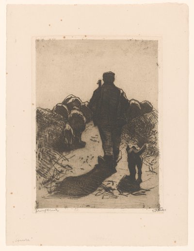 Schaapherder met hond achter zijn kudde door Willem Witsen (signed by artist)