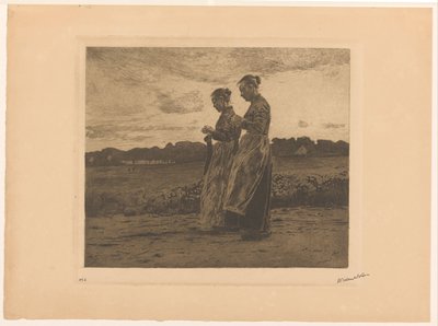 Twee staande breisters in een landschap in Ede door Willem Witsen (signed by artist)