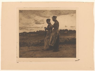Twee staande breisters in een landschap in Ede door Willem Witsen (signed by artist)