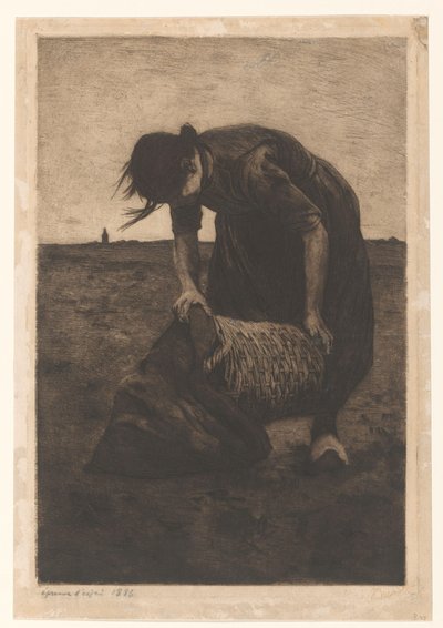 Voorovergebogen aardappelrooister met een mand en zak door Willem Witsen (signed by artist)